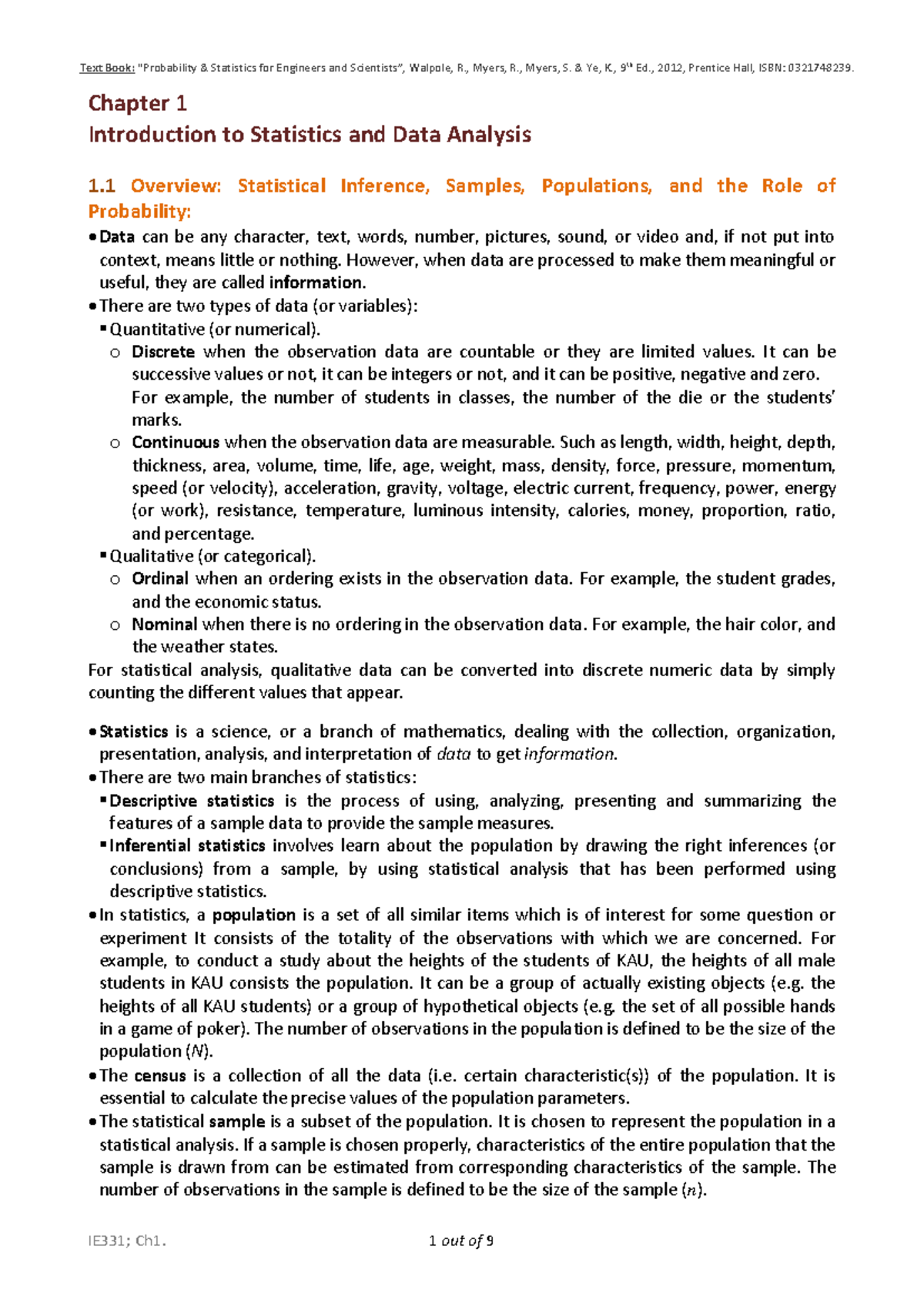 IE331 Probability & Statistics Lecture Notes: Chapter 1 Overview - Studocu