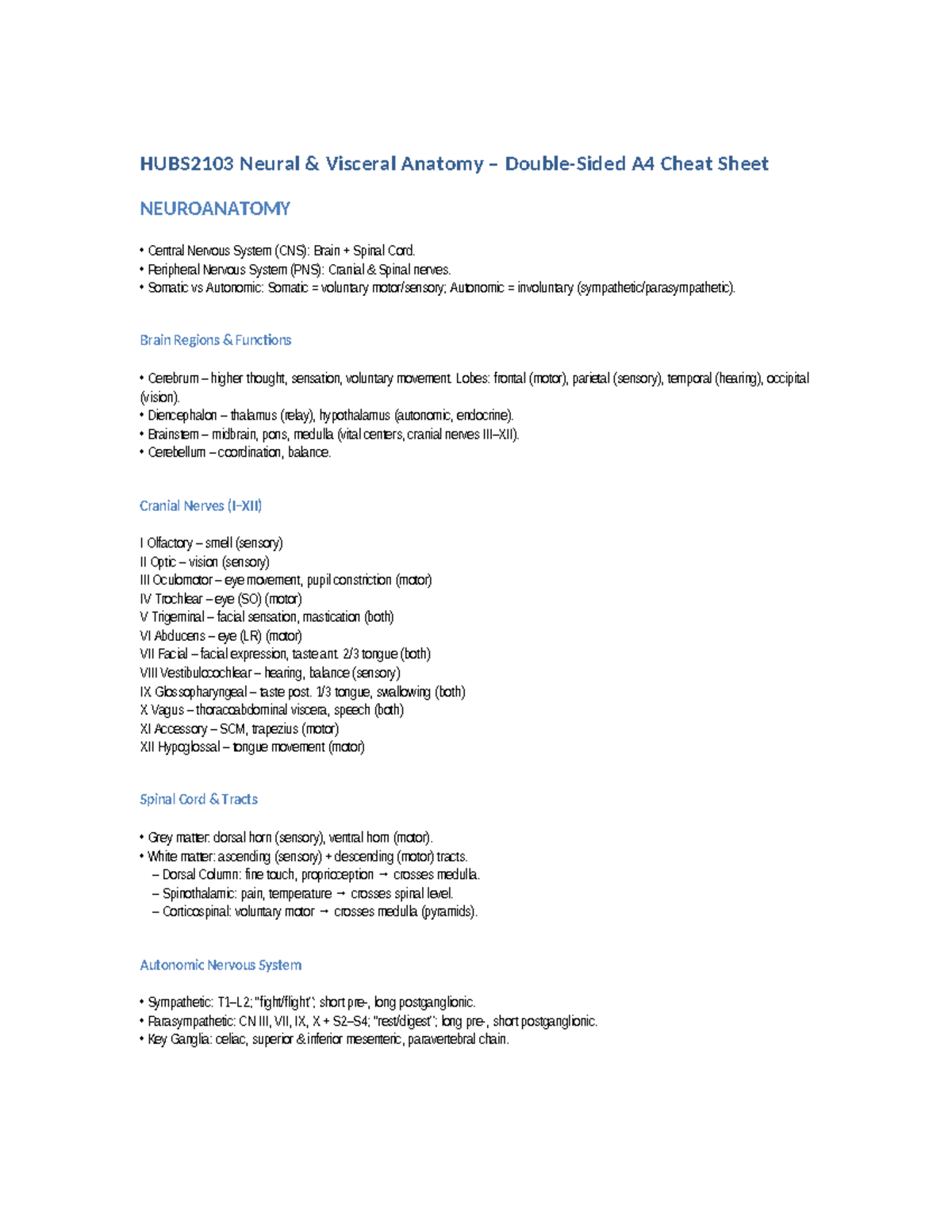 HUBS2103 Neural Visceral Anatomy A4 Cheat Sheet: CNS & PNS Overview ...