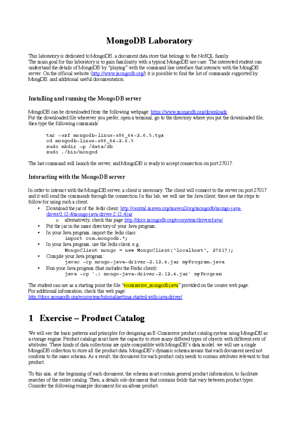 MongoDB Lab: E-Commerce Product Catalog Design & Implementation - Studocu