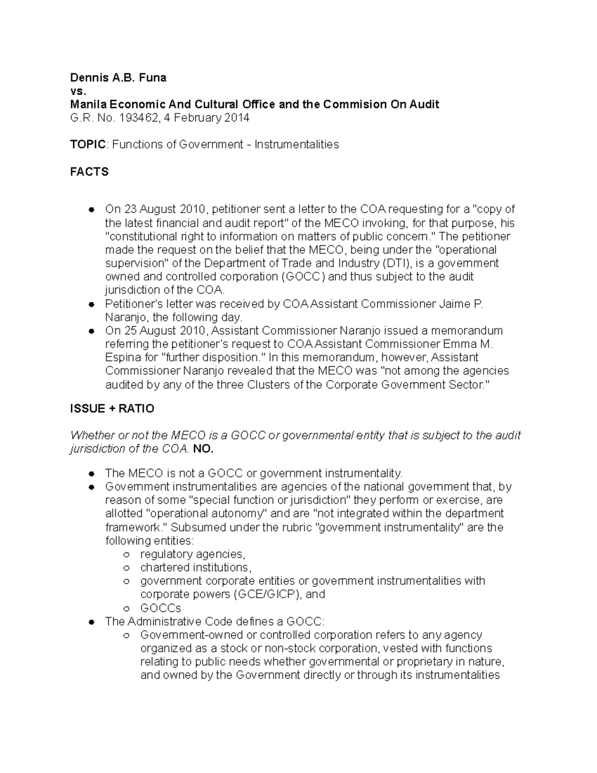 Funa v. MECO and COA - GR 193462: Government Instrumentality Analysis ...