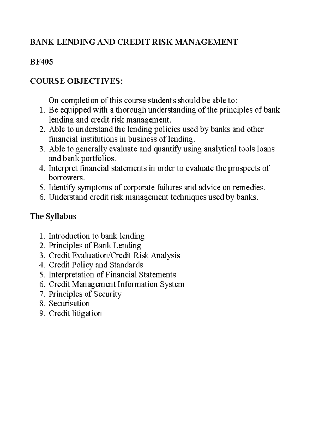 Bank Lending & Credit Risk Management Notes - BF405 - Studocu
