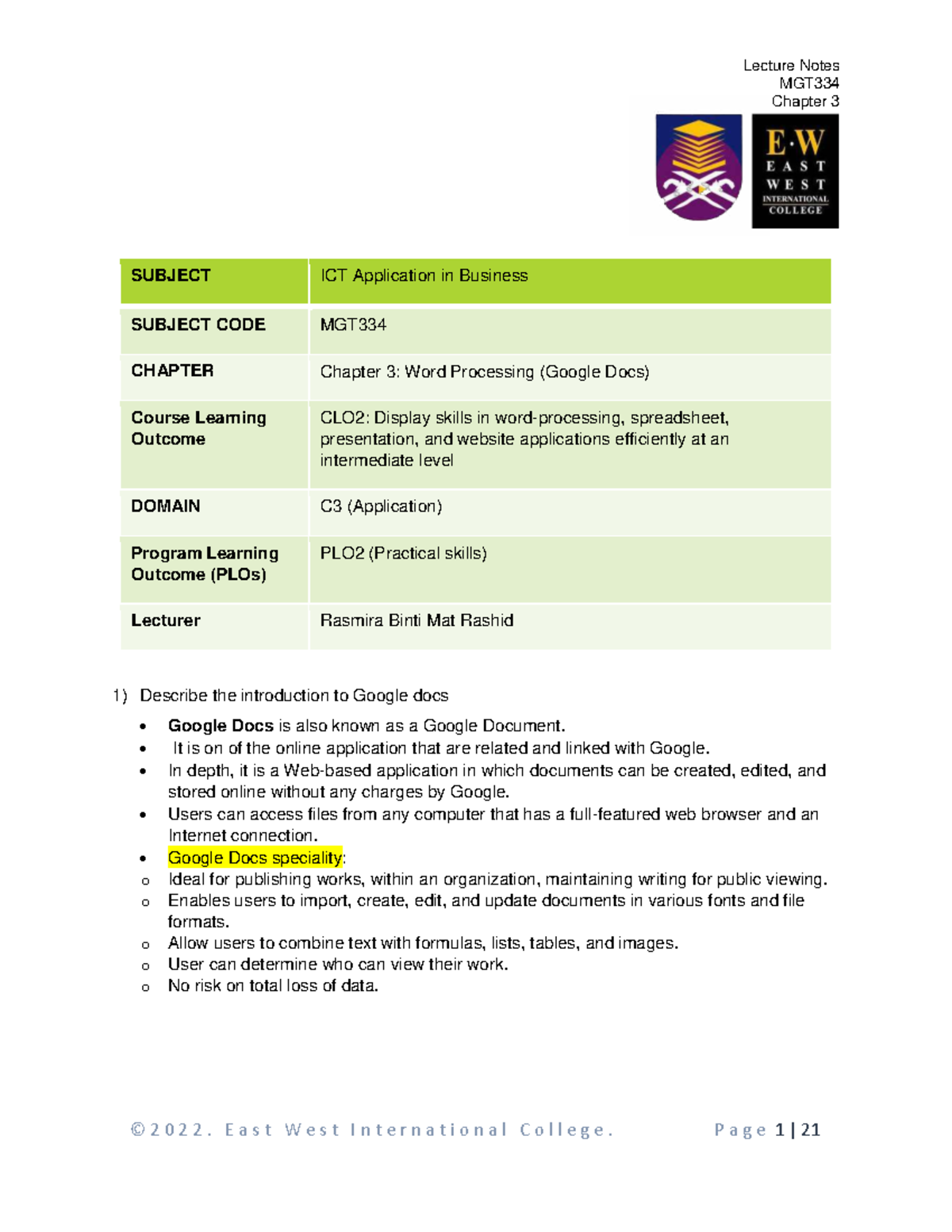 Lecture Notes MGT334 Chapter 3: Introduction to Google Docs - Studocu