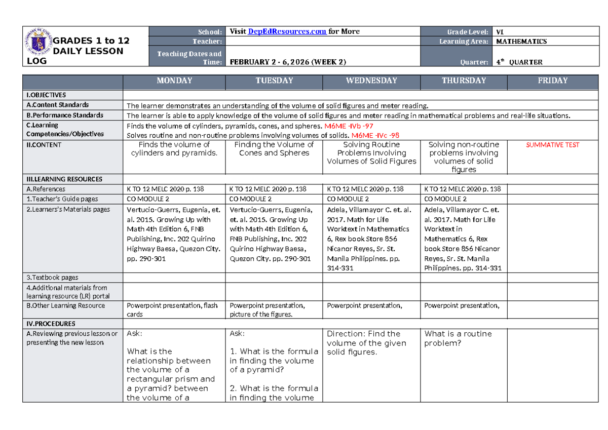 DTC DLL Mathematics 6: Volume of Solid Figures - Week 2 - Studocu