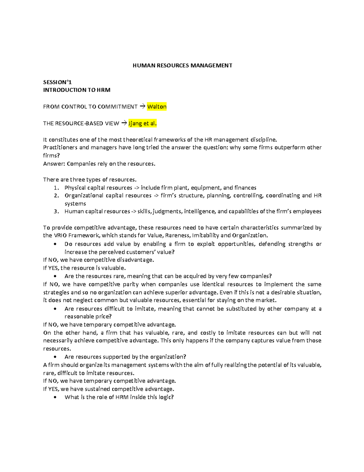 HRM 101: Comprehensive Notes on Human Resources Management - Studocu