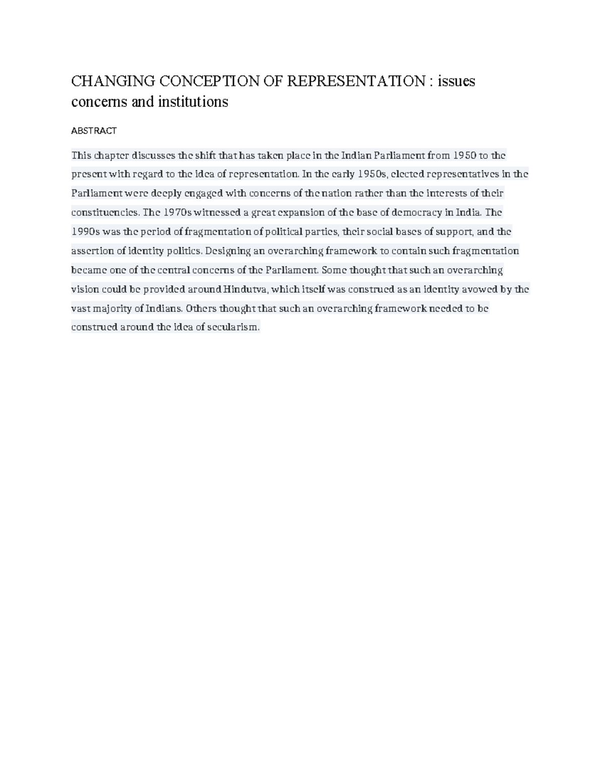 Changing Conceptions of Representation in Indian Parliament (Essay ...