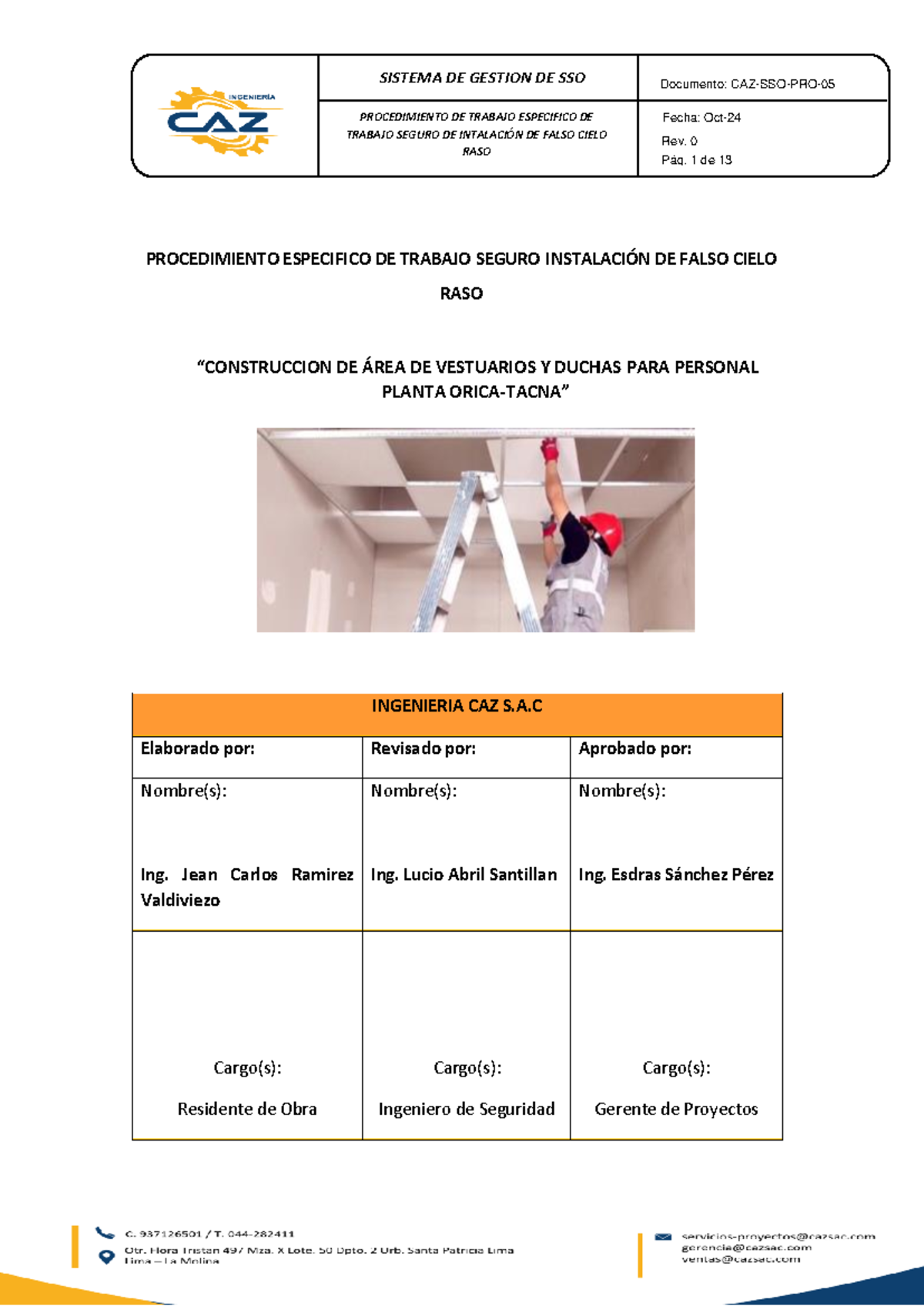 CAZ-SSO-PRO-05 - Procedimiento de Trabajo Seguro para Instalación de Cielo Raso - Document Preview
