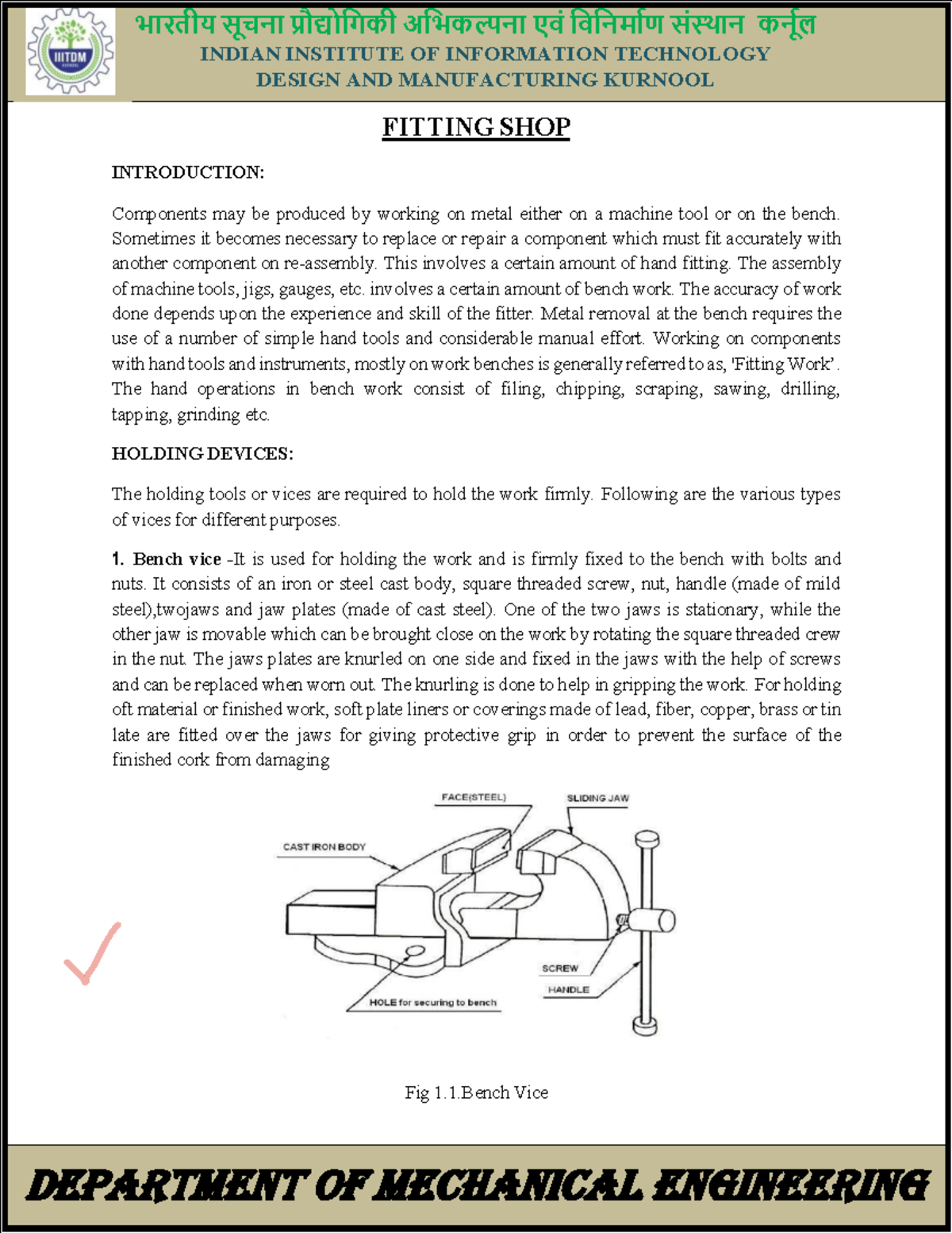 Fitting Shop Techniques and Tools - ME 101 Lab Manual - Studocu