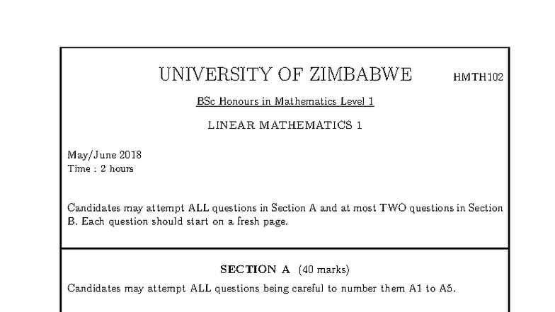 HMTH102 2018 BSc Honours Linear Mathematics Exam Paper - Studocu