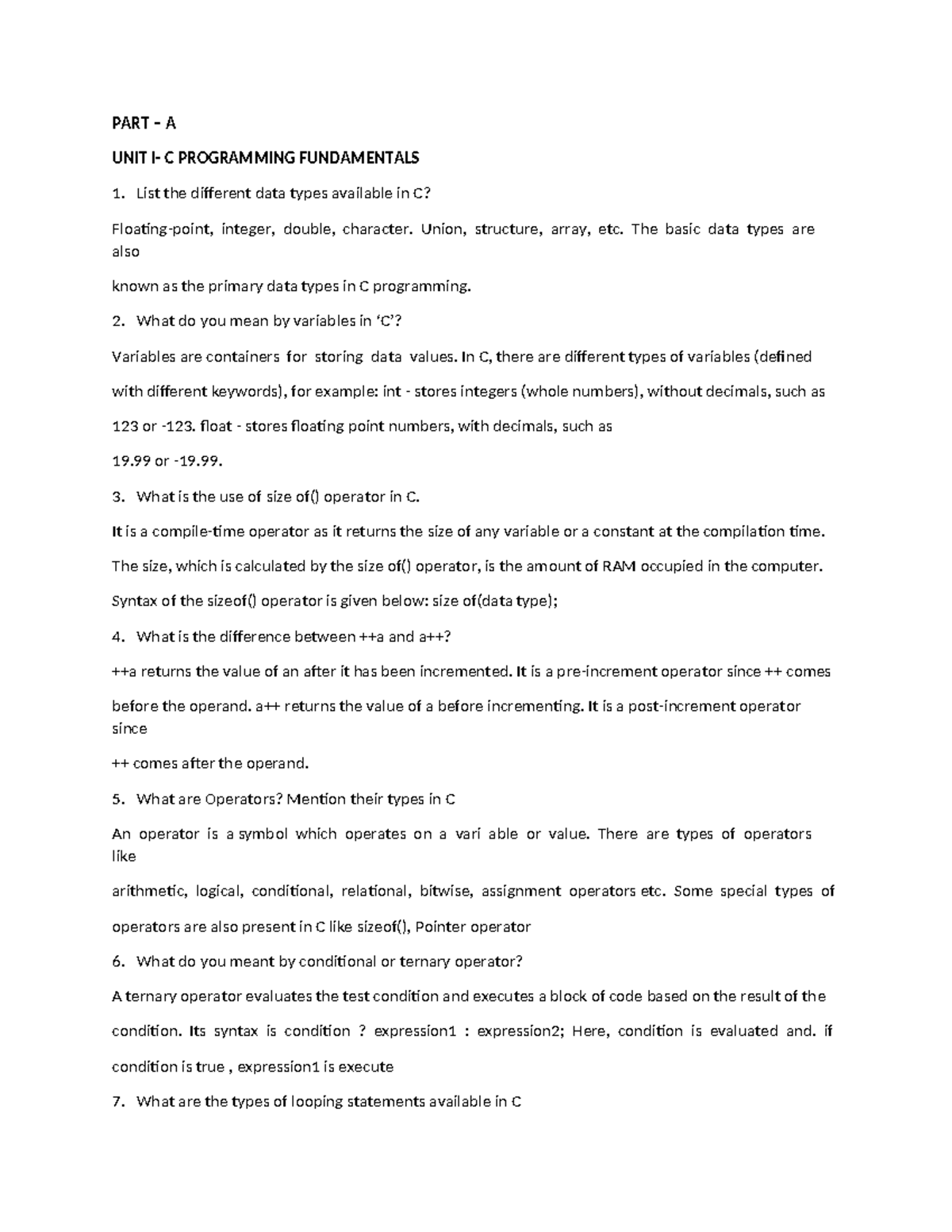 C Programming Fundamentals: Important Q&A for All Units - Studocu