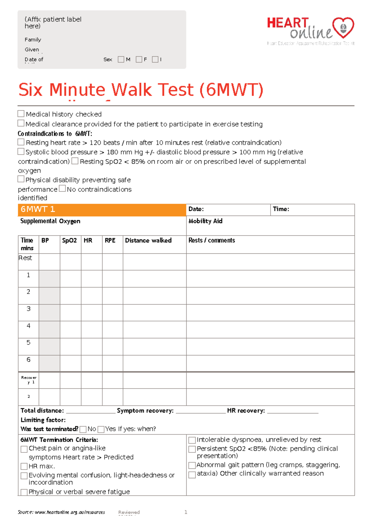 6MWT Recording Form - Prueba de la Caminata de los 6 Minutos - Studocu