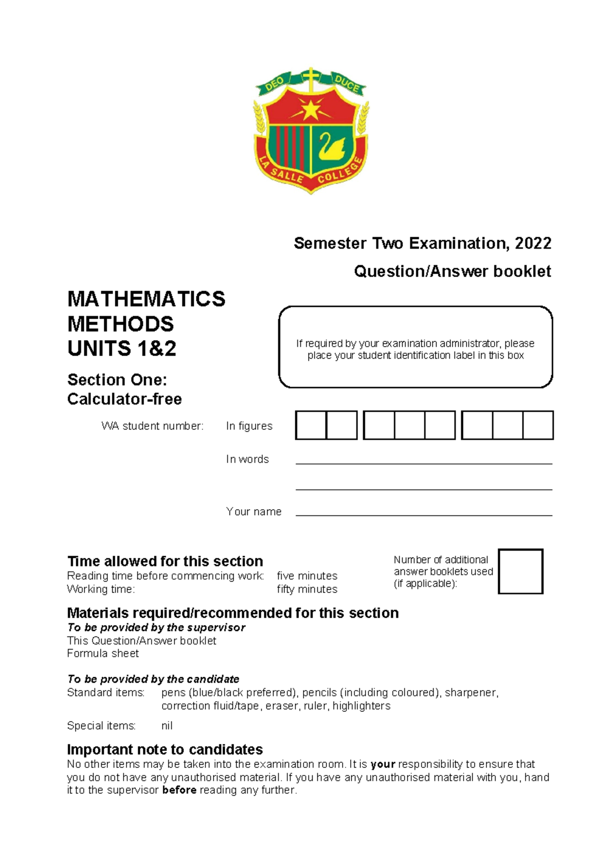 WAEP 2022 YR11 MATH METHODS U12 SEMESTER 2 EXAMINATION - Studocu