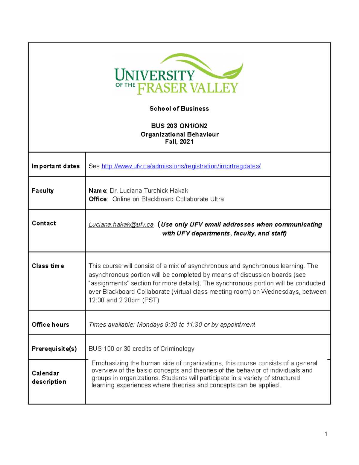 BUS 203 F21 ON2 Revised Course Syllabus for Organizational Behaviour ...