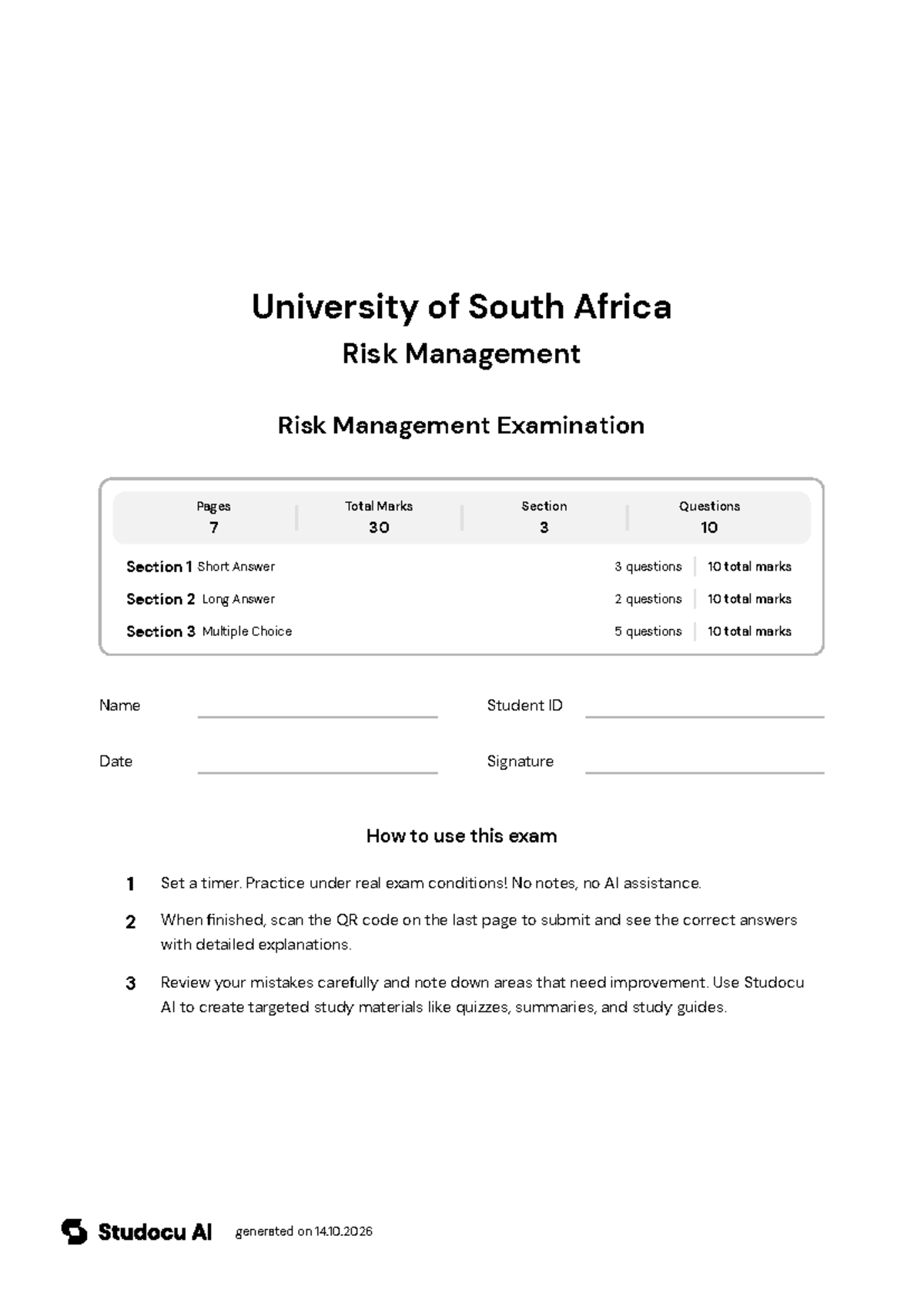 RSK1501 Final Exam: Risk Management - Studocu