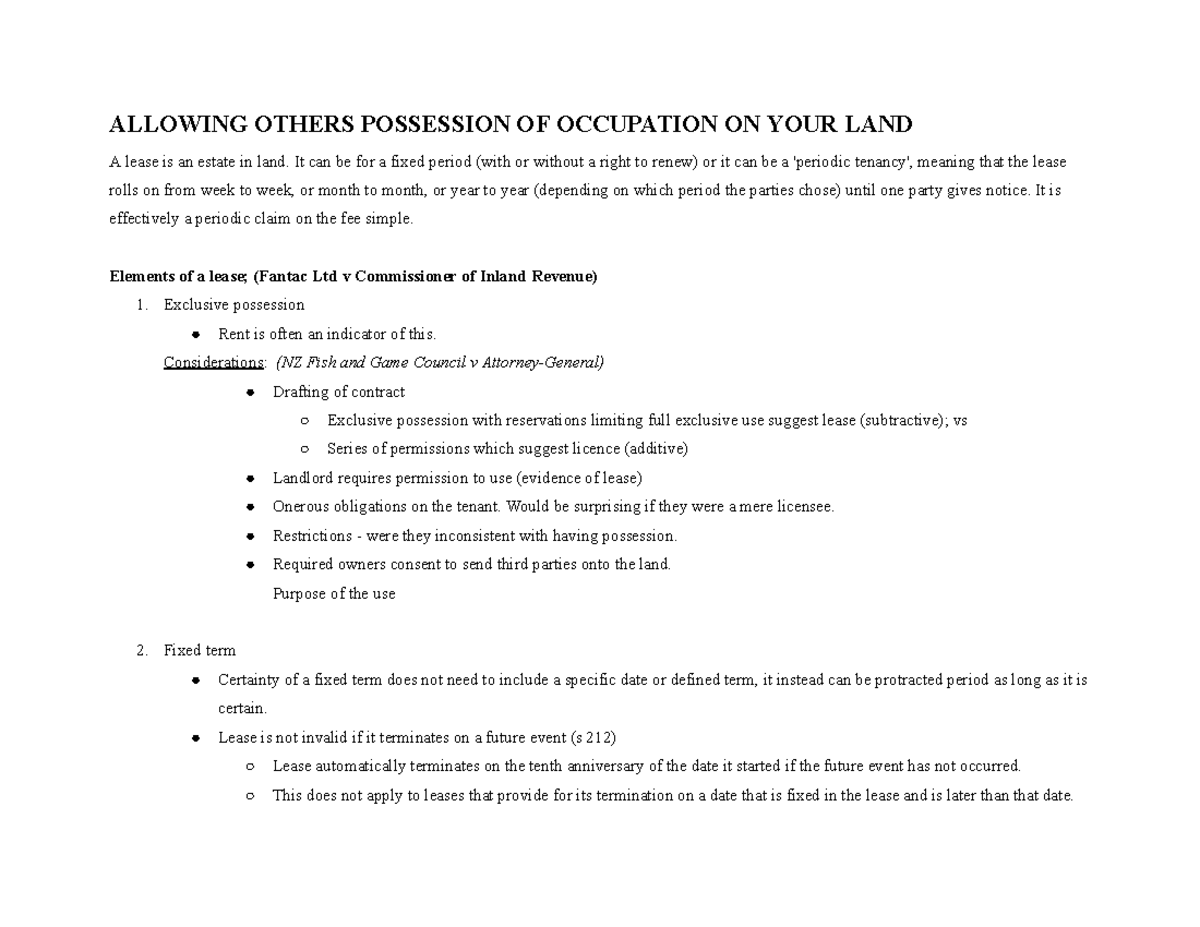 Property Law Exam - Summary of Lecture Notes on Leases and Possession ...