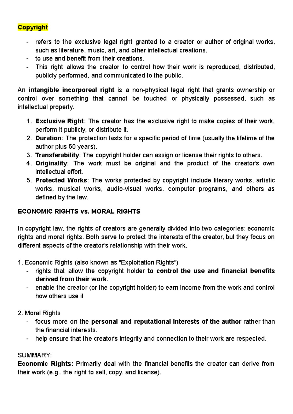 Copyright Notes - Copyright refers to the exclusive legal right granted ...