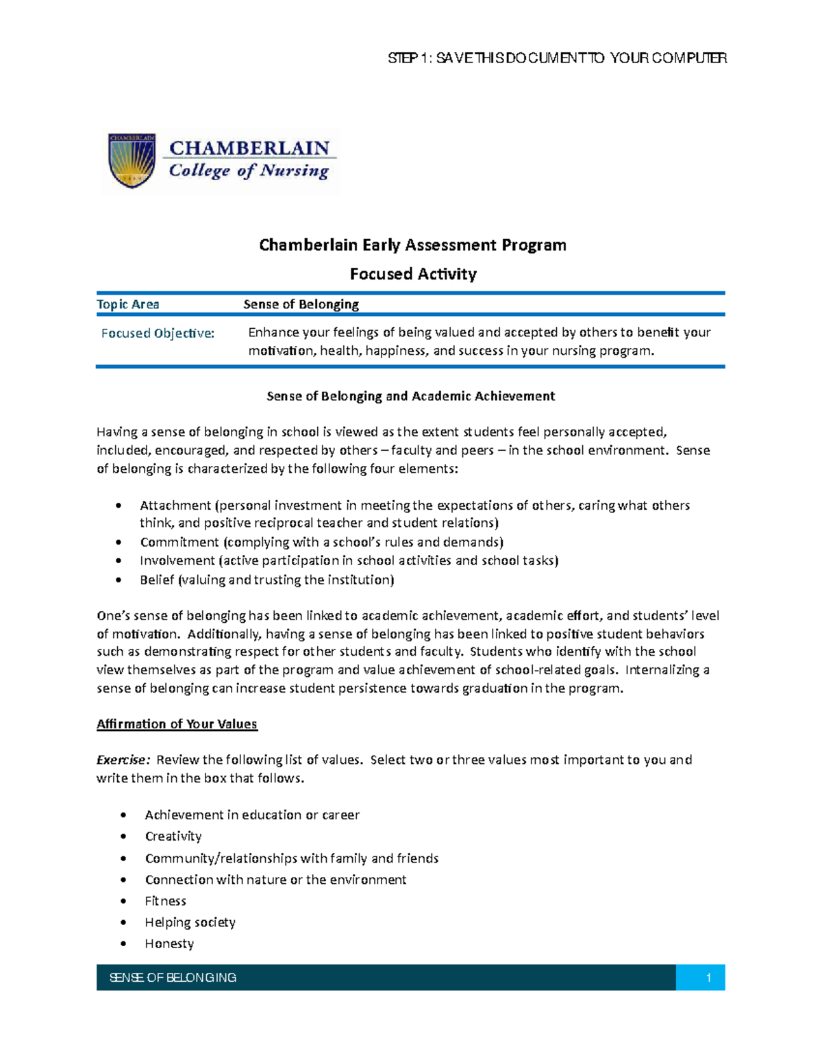 Chamberlain Nursing Program: Sense of Belonging Focused Activity - Studocu
