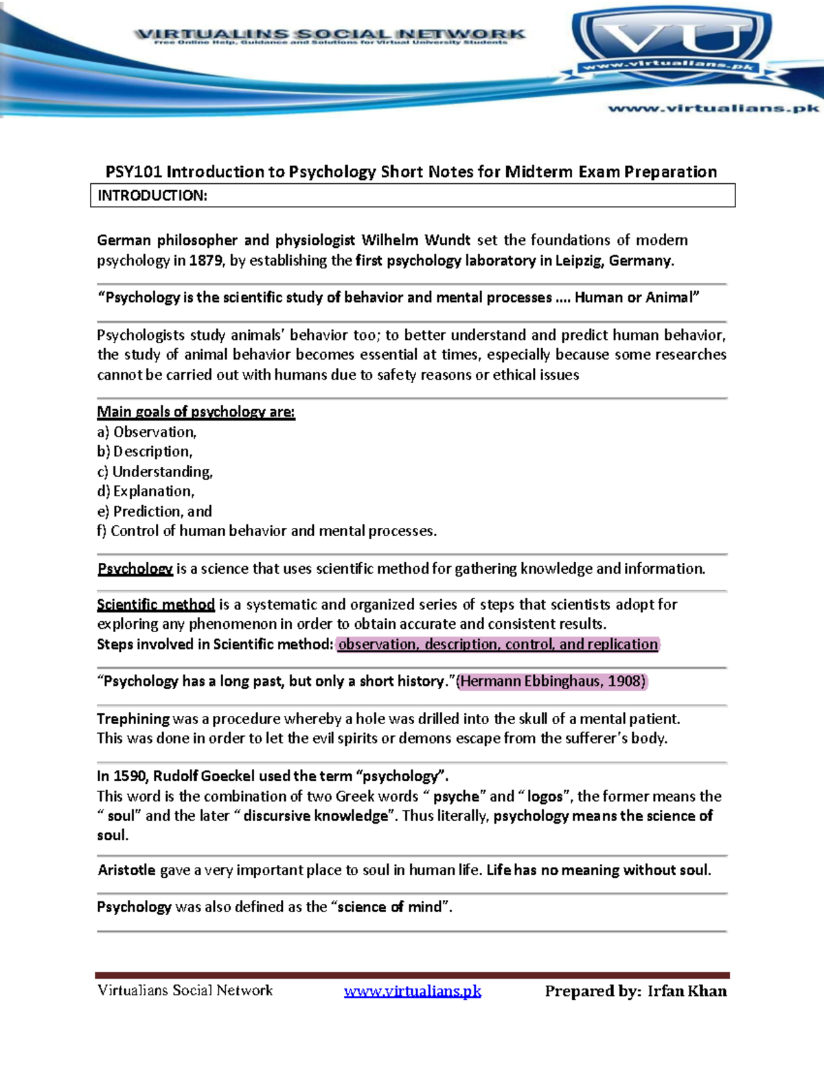 PSY101 Midterm Exam Short Notes on Introduction to Psychology - Studocu
