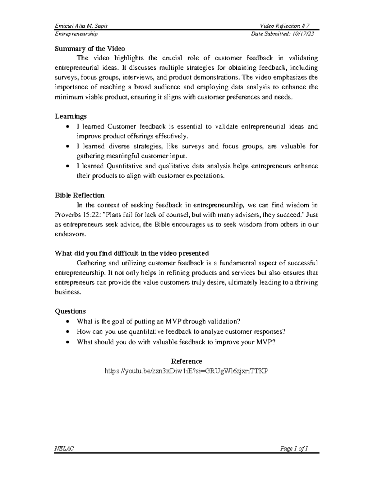 Entrepreneurship Video Reflection 7: Customer Feedback Insights - Studocu
