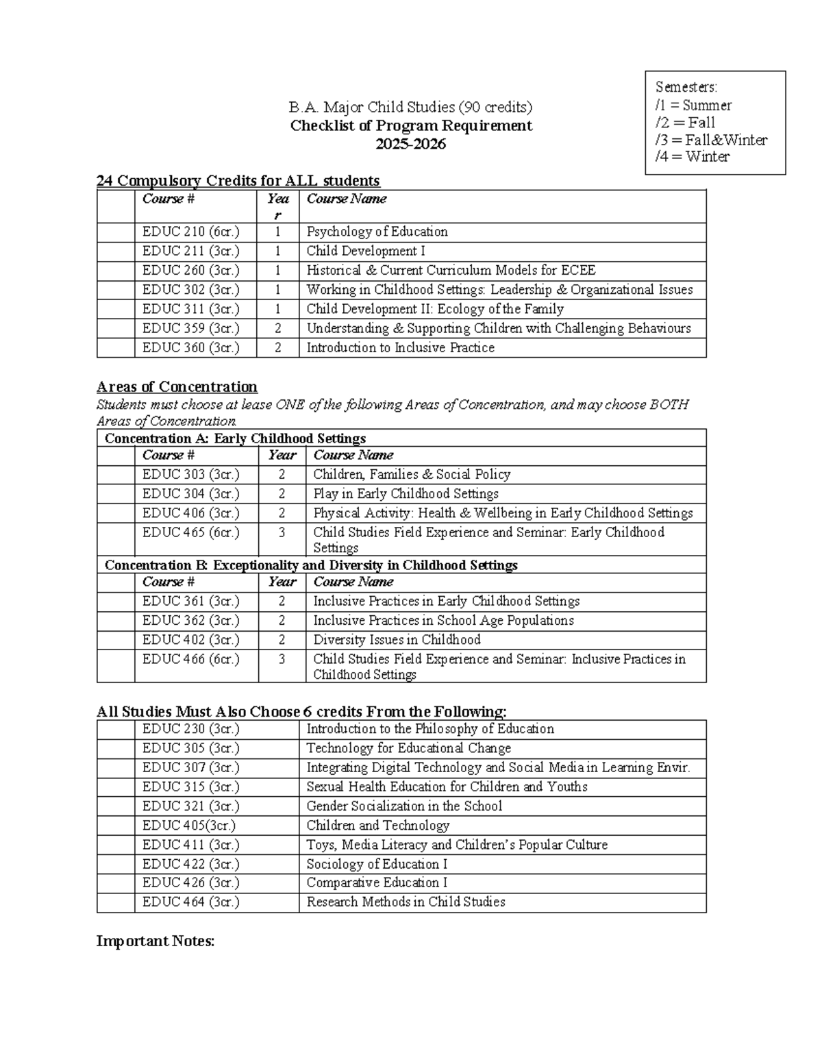 B.A. Child Studies Program Requirements Checklist 2025-2026 - Studocu