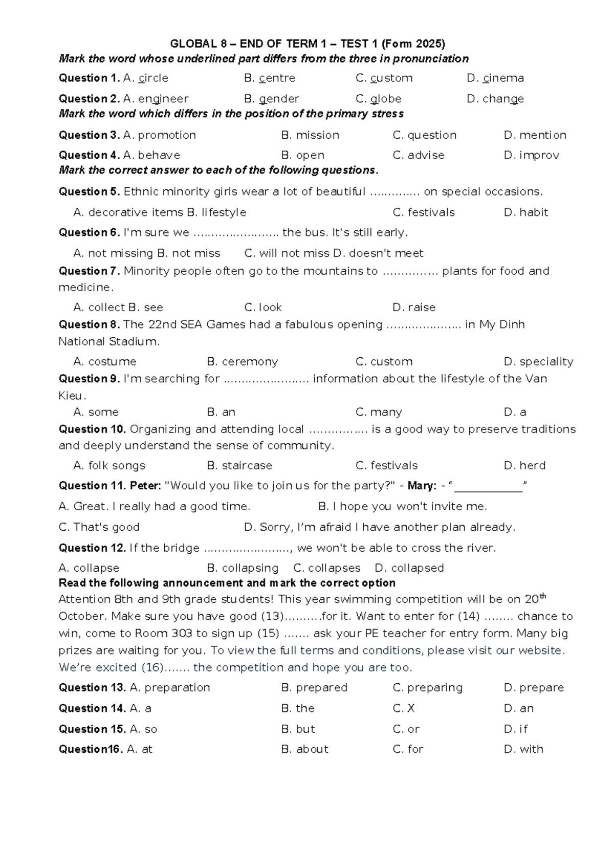 ENG8 CK1 Term 1 Test 1 - English 8 Pronunciation & Comprehension - Studocu