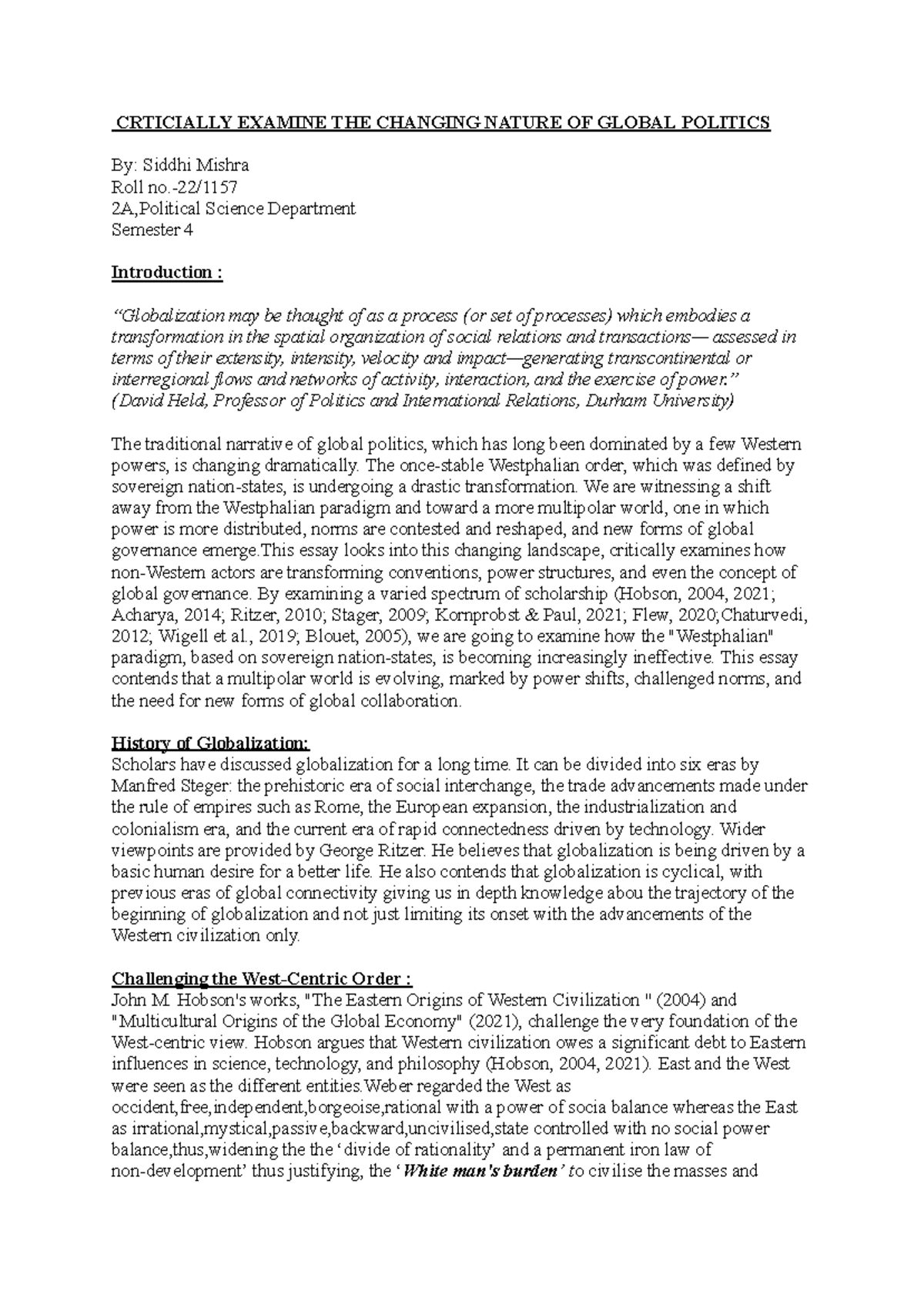 Critical Examination of Global Politics: GP Reflection Paper SEM 4 2024 ...