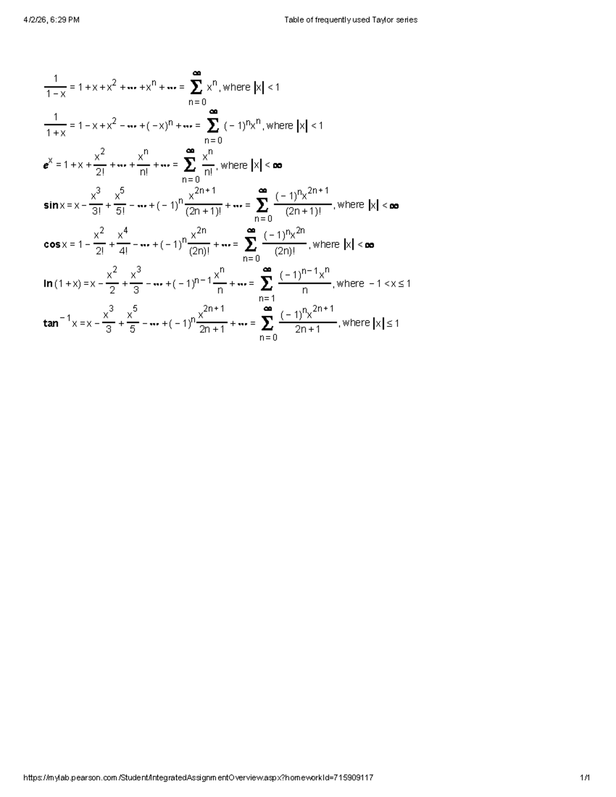 Common Taylor Series Notes for Math 101 - Studocu