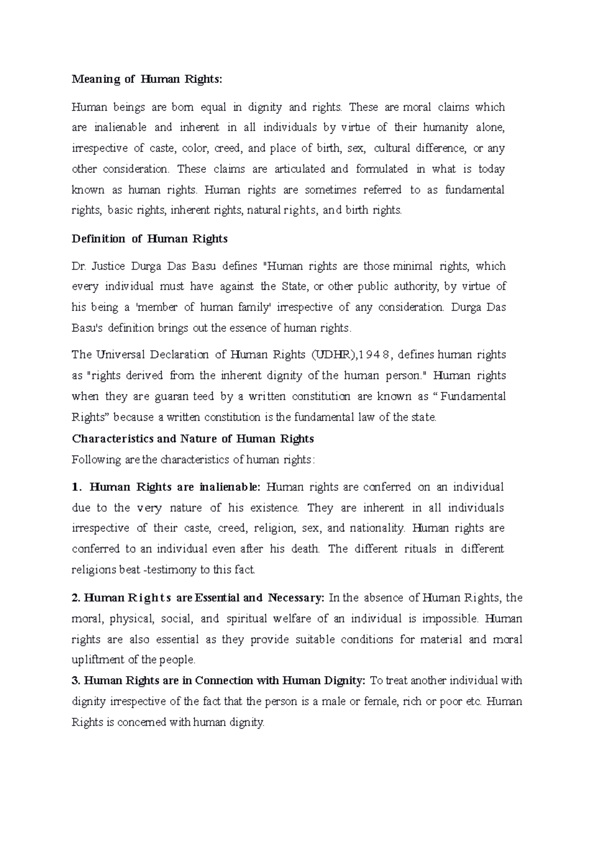 Characteristics of HR - Meaning of Human Rights: Human beings are born ...