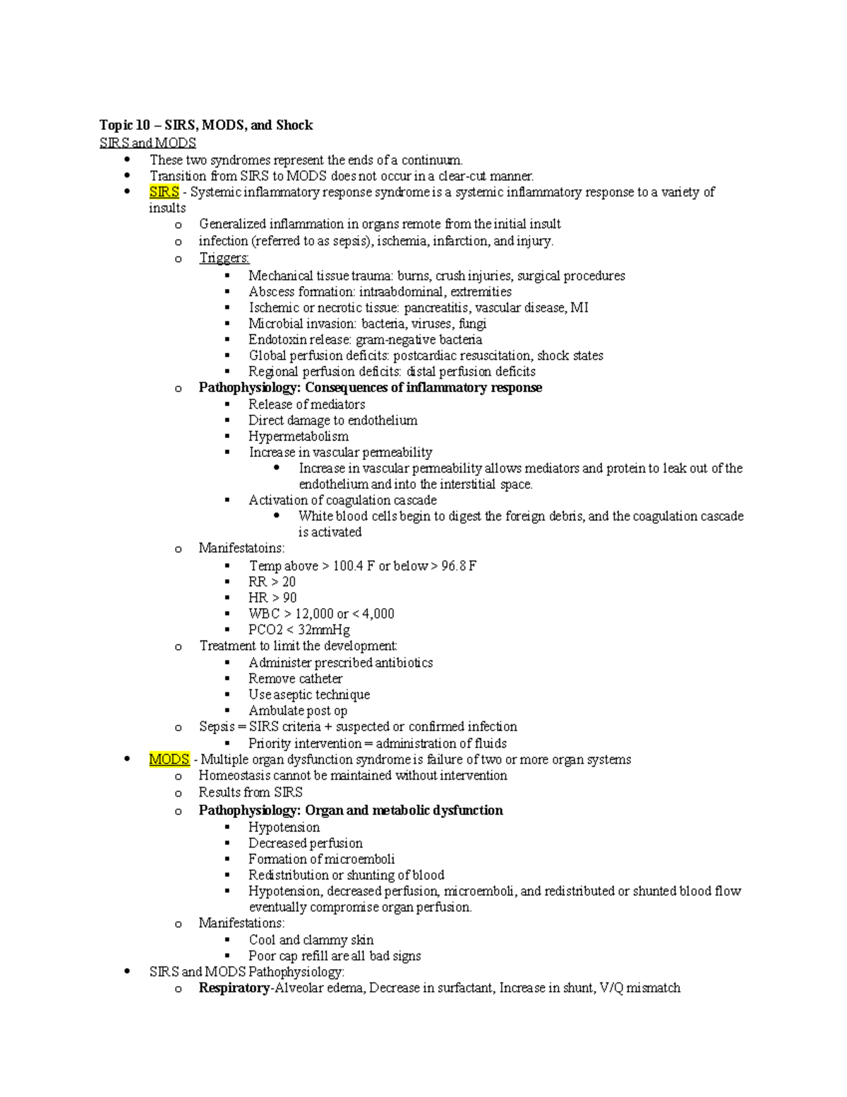 NURS 430 Final Exam Study Guide: Understanding SIRS, MODS, & Shock ...