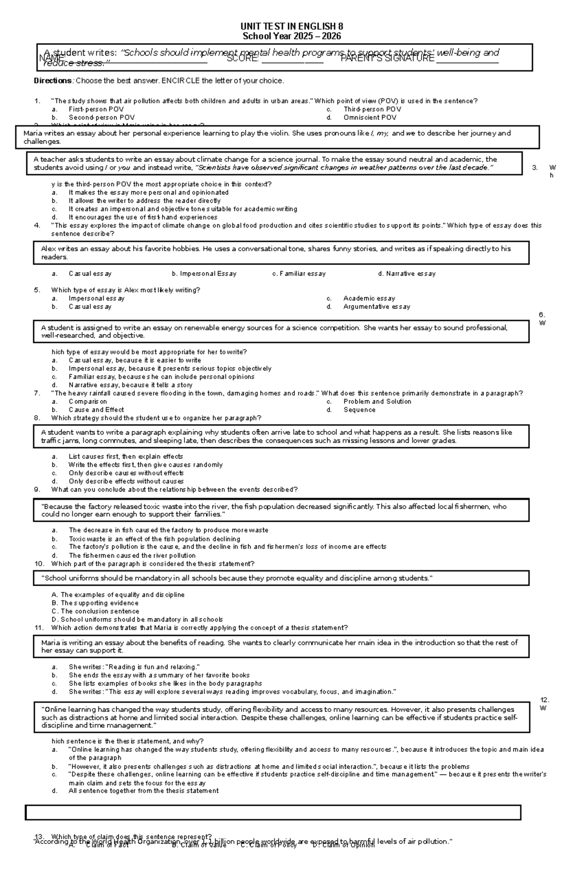 UNIT TEST IN ENGLISH 8: Mental Health & Writing Skills Assessment - Studocu