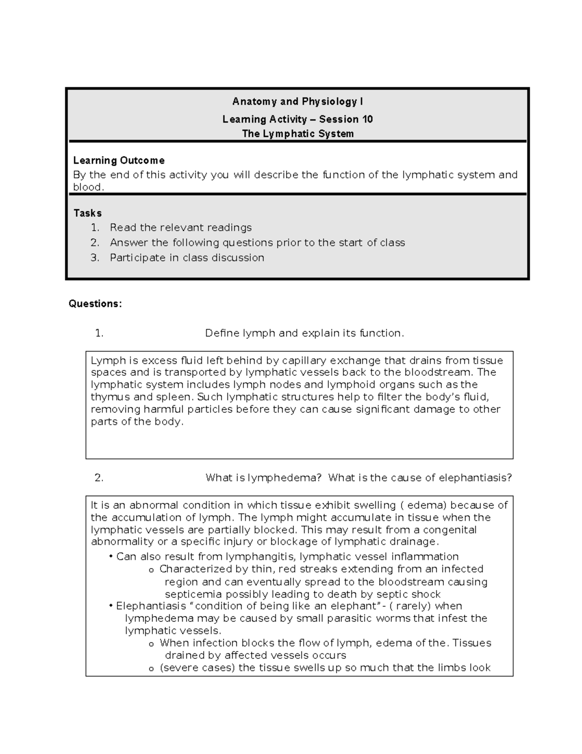 Anatomy and Physiology I - Session 10: Lymphatic System Study Guide ...