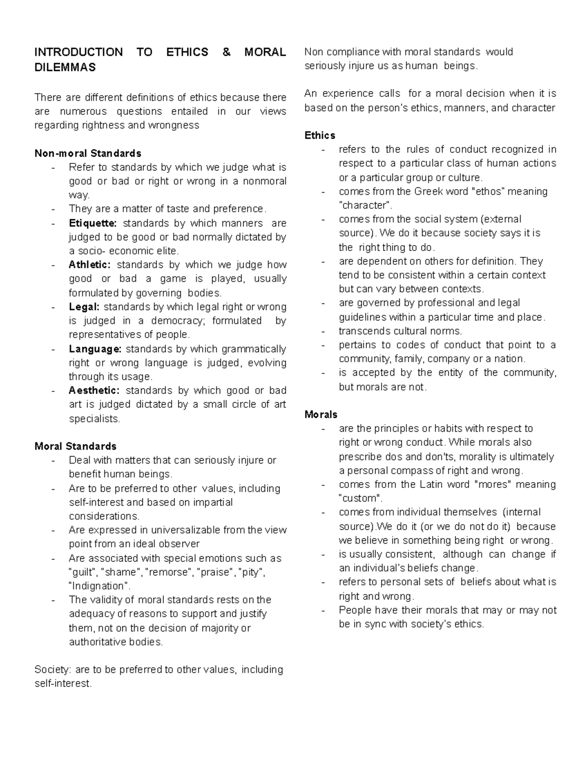 Ethics & Moral Dilemmas Study Notes: A Comprehensive Overview - Studocu