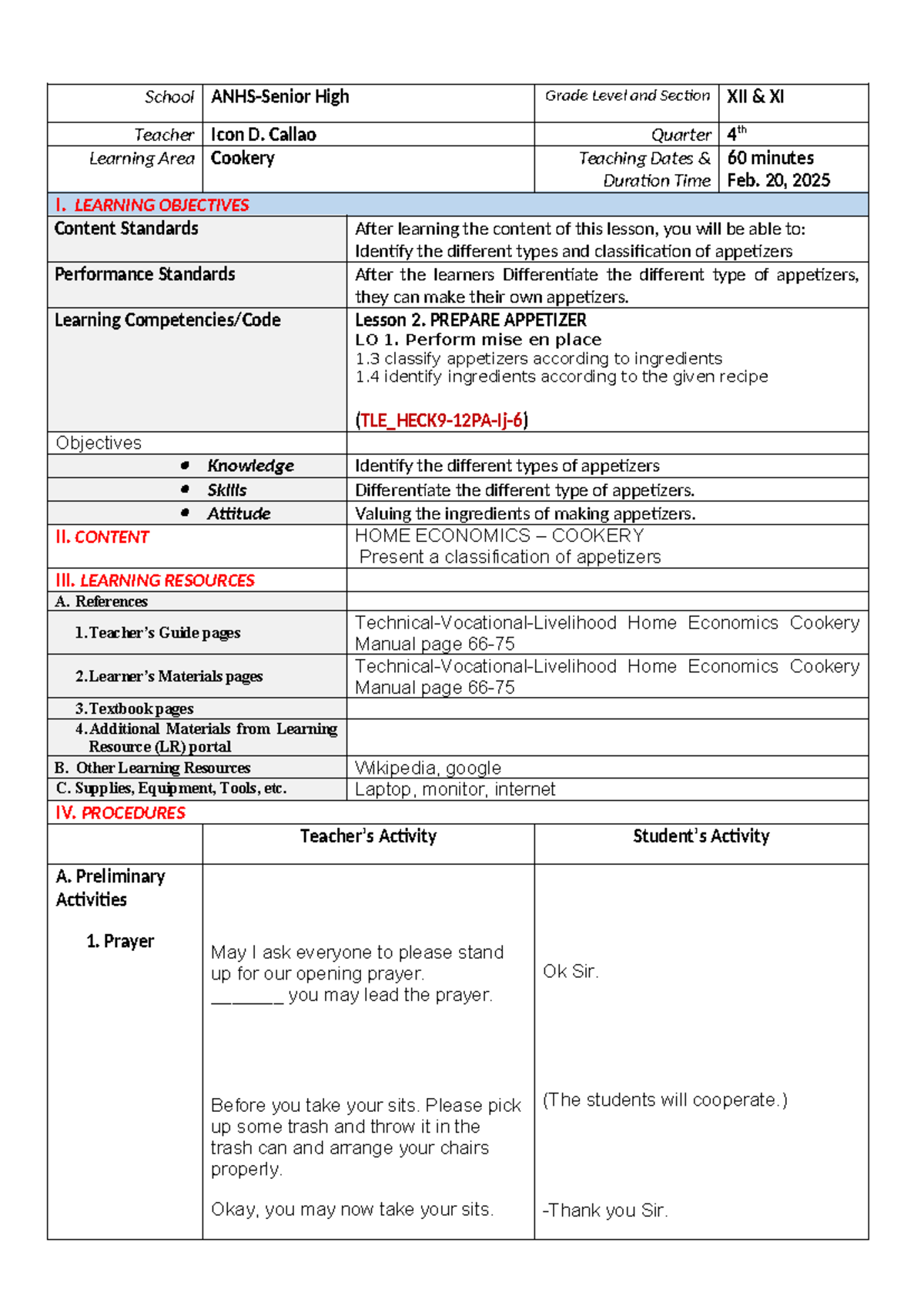 Classification of appetizers in home economics cookery (HE 101) - Studocu