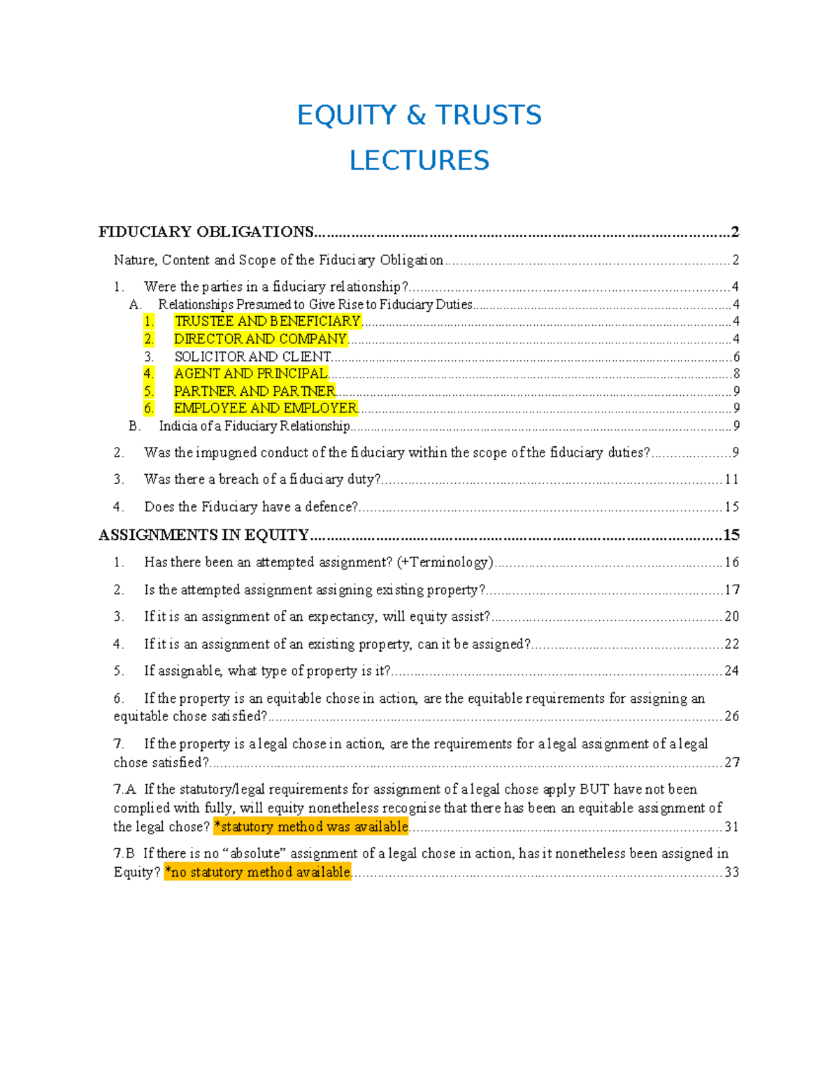 Equity & Trusts LECTURE Notes: Fiduciary Duties & Assignments - Studocu