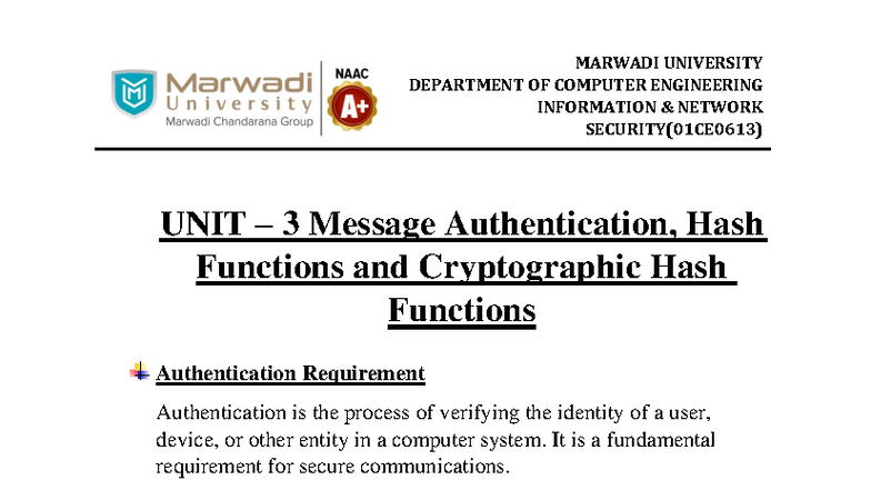 INFORMATION NETWORK SECURITY (01CE0613) UNIT 3: Message Authentication ...