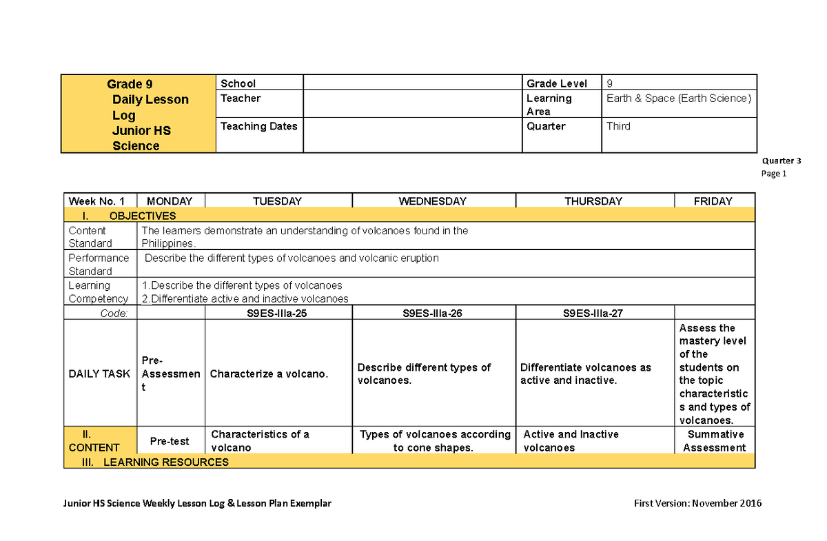 Grade 9, Quarter 3 - Earth Science Lesson Plan on Volcanoes - Studocu
