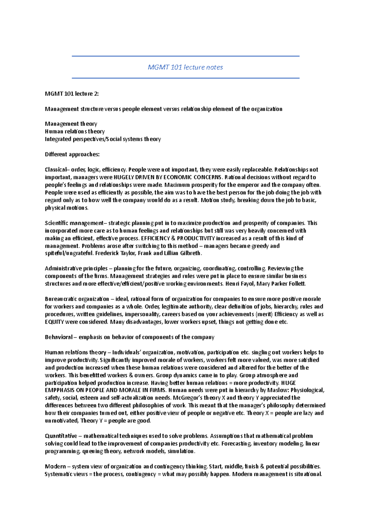 MGMT 101 lecture notes - MGMT 101 lecture notes MGMT 101 lecture 2 ...