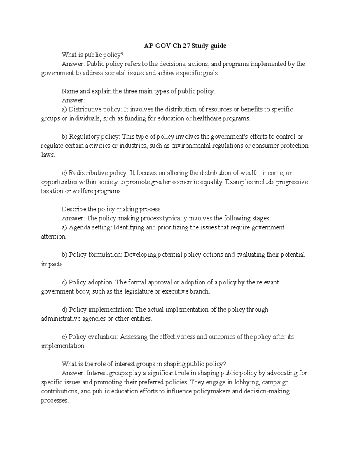 AP GOV Ch 27 Study Guide: Understanding Public Policy Concepts - Studocu