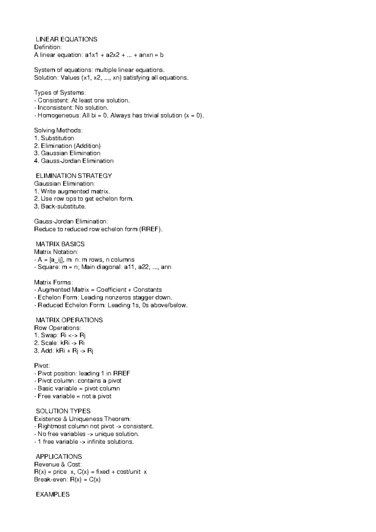 Applied Linear Algebra Summary: Linear Equations & Matrix Operations ...