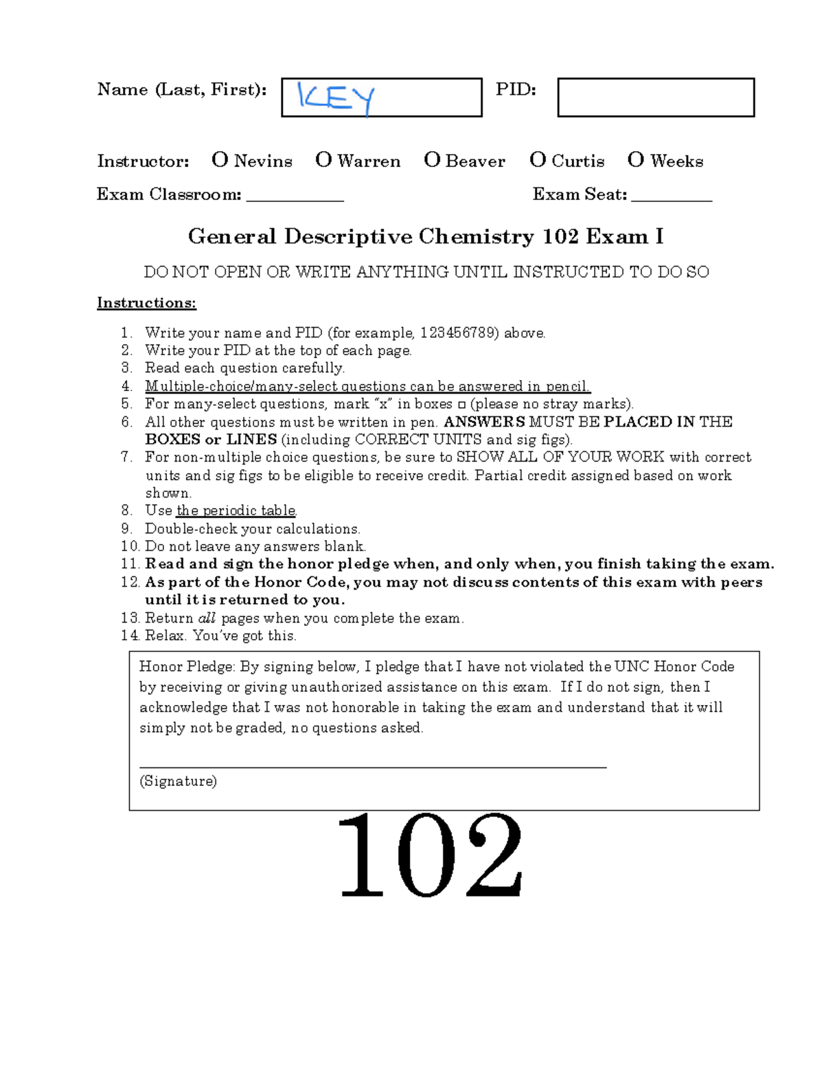 CHEM 102 Exam I Study Guide and Key - Studocu