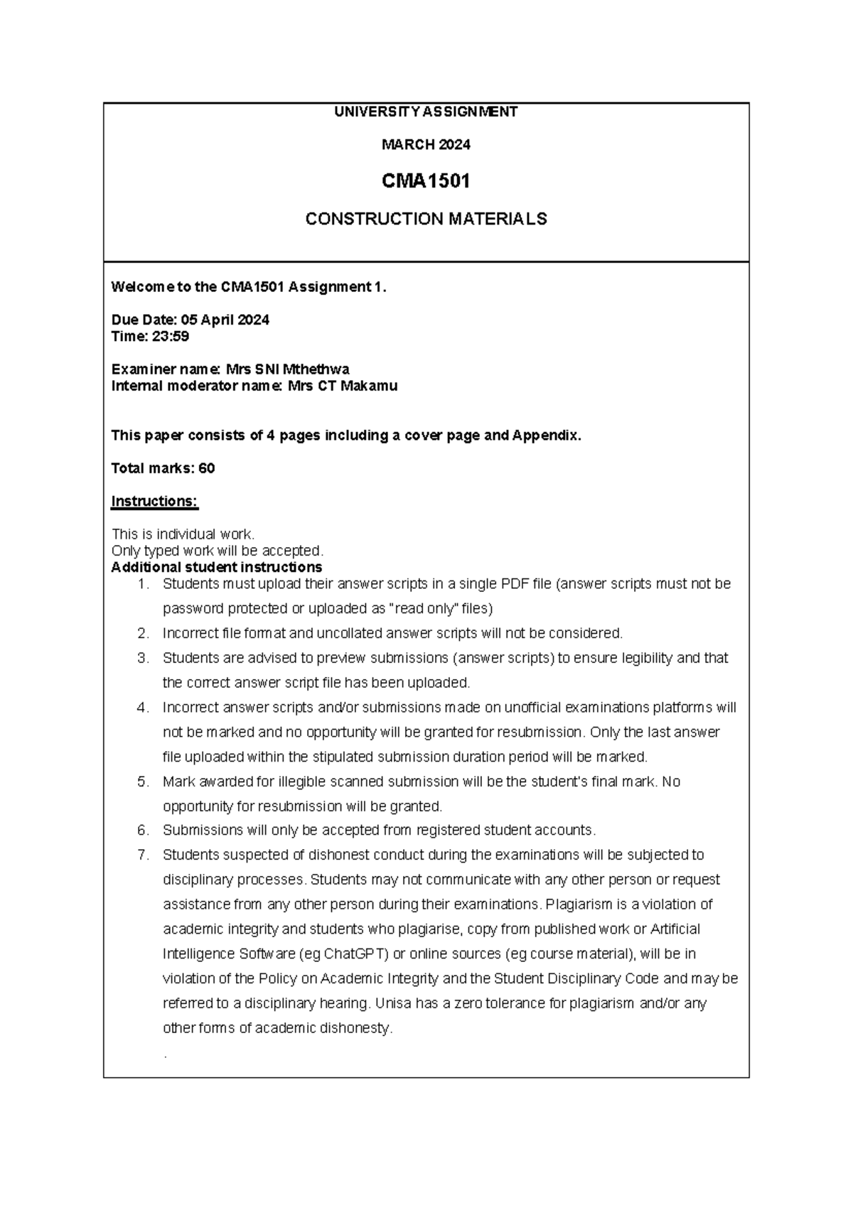 CMA1501 Assignment 1 - Construction Materials (Due: 05 Apr 2024) - Studocu