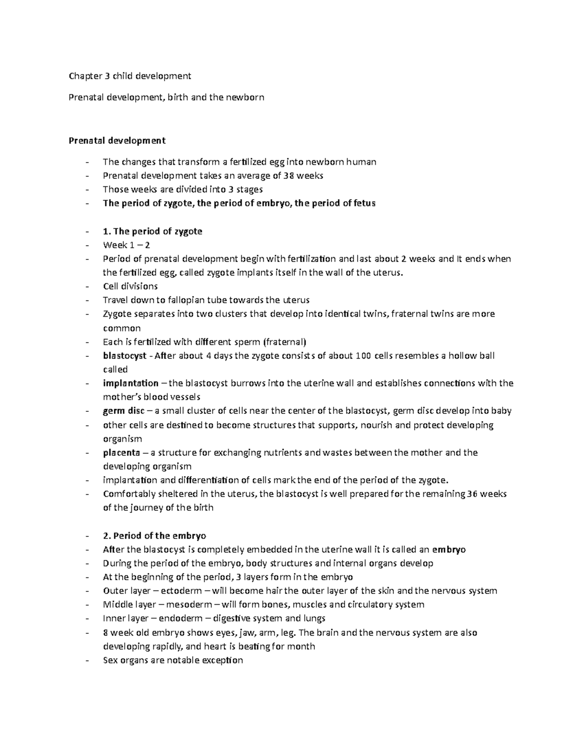 Child Development Overview - Chapter 3 (Prenatal to Birth) - Studocu