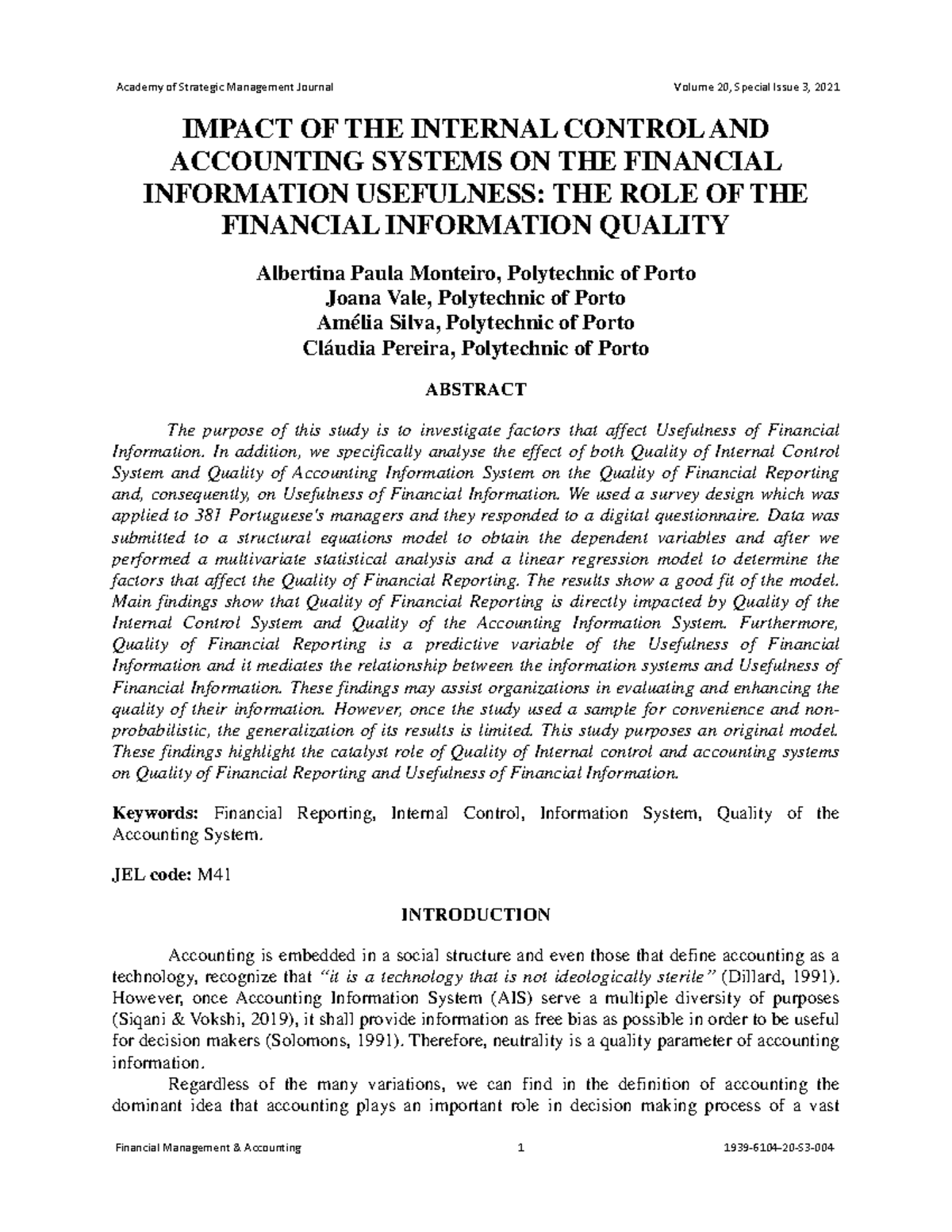 Impact of Internal Control & Accounting Systems on Financial Info ...