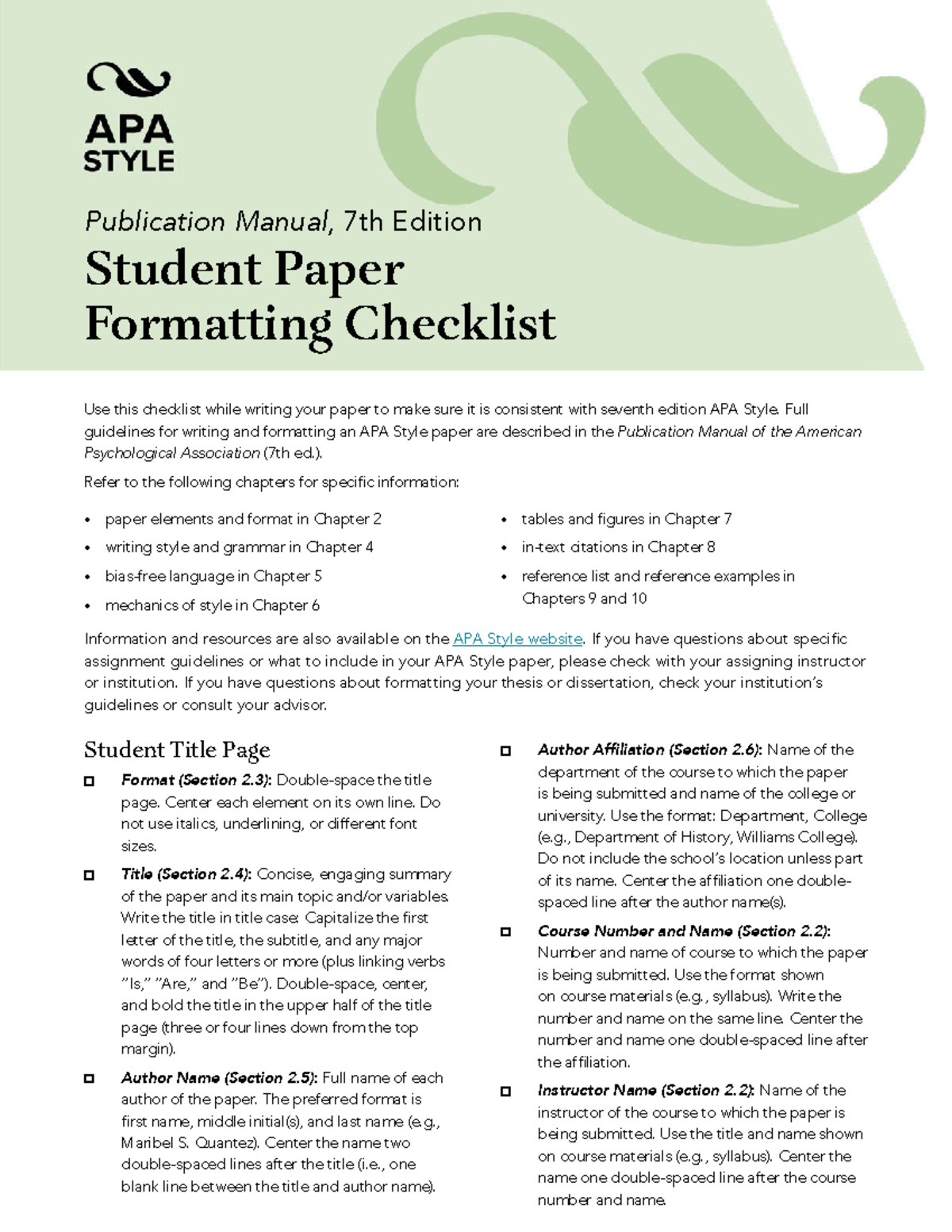 APA7 - Student Paper Formatting Checklist for Consistency - Studeersnel
