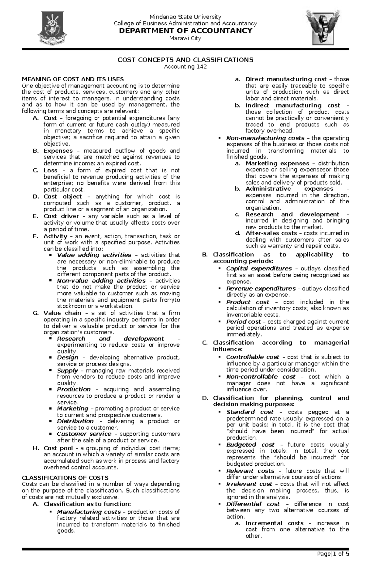COST CONCEPTS AND CLASSIFICATIONS: ACC 142 LECTURE NOTES - Studocu