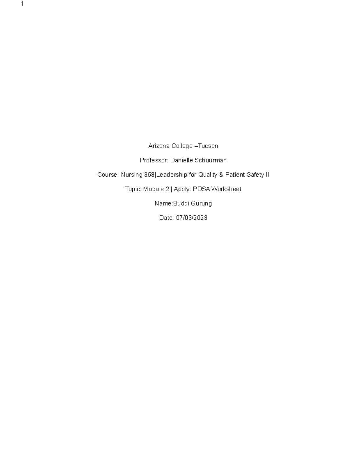 N358 Module 2: PDSA Worksheet for Improving Sleep Habits - Studocu