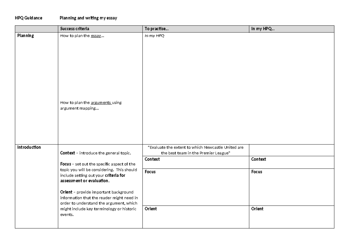 HPQ Essay Planning and Writing Guide: Structure & Success Criteria ...