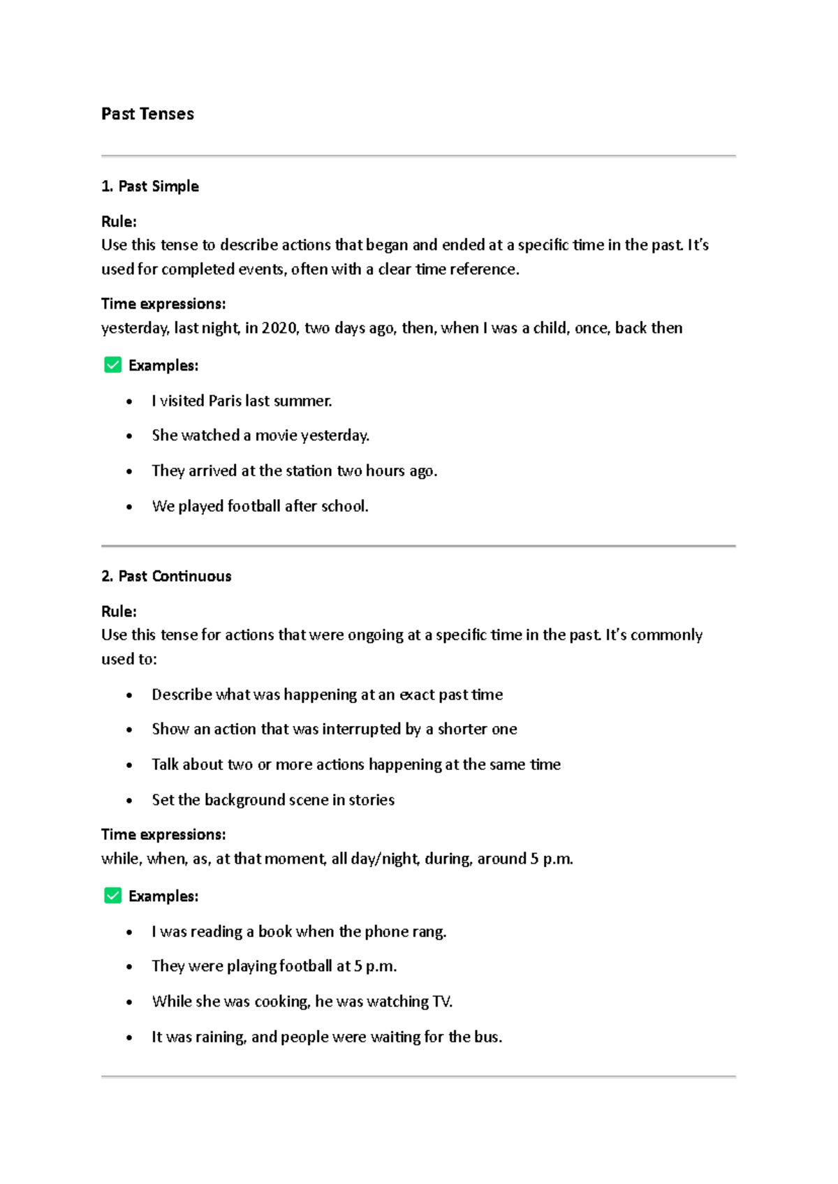Past Tenses - English Grammar Notes for ESL Students - Studocu