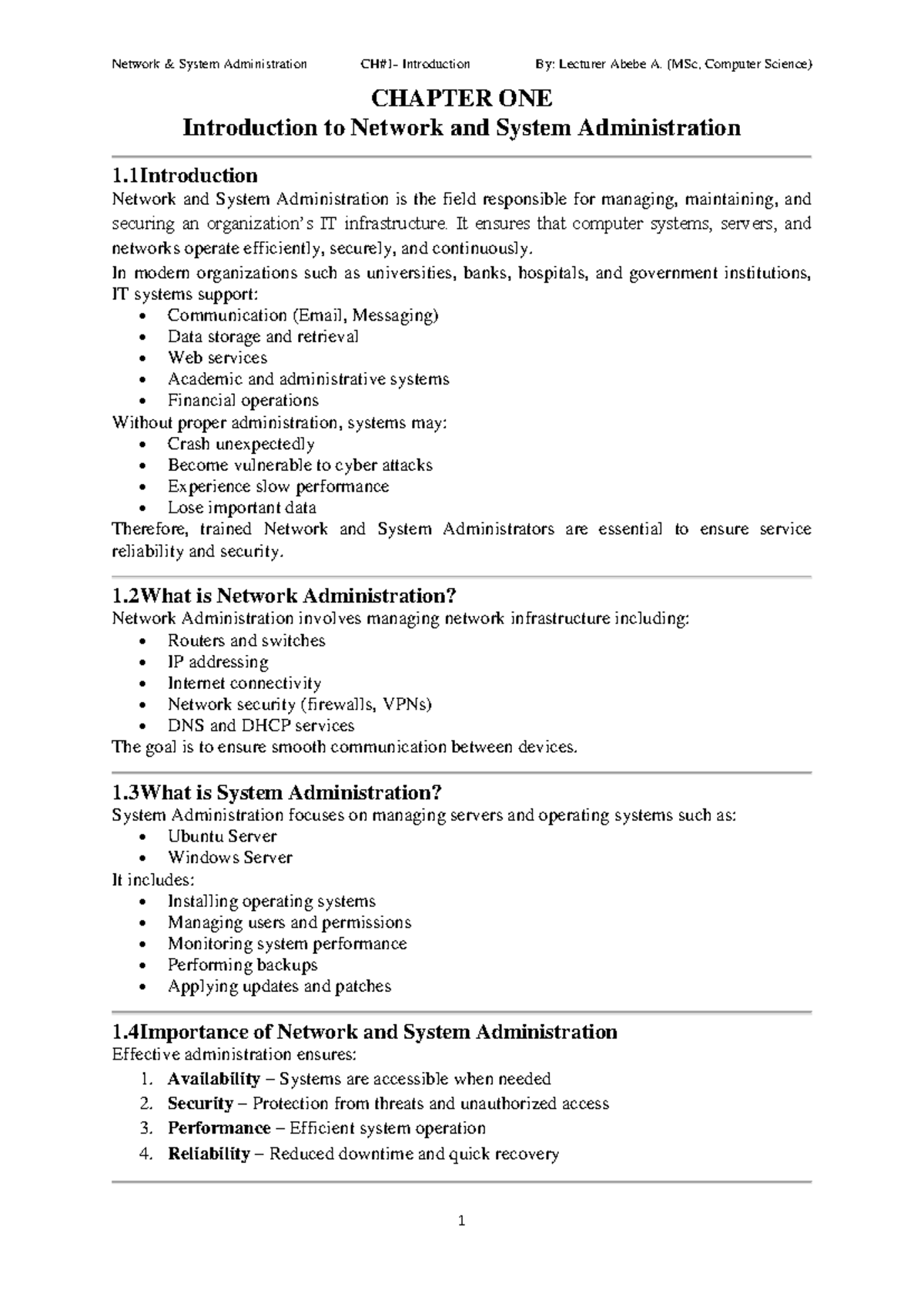 CH#1 - Intro to Network & System Administration (MSc, CS) - Studocu
