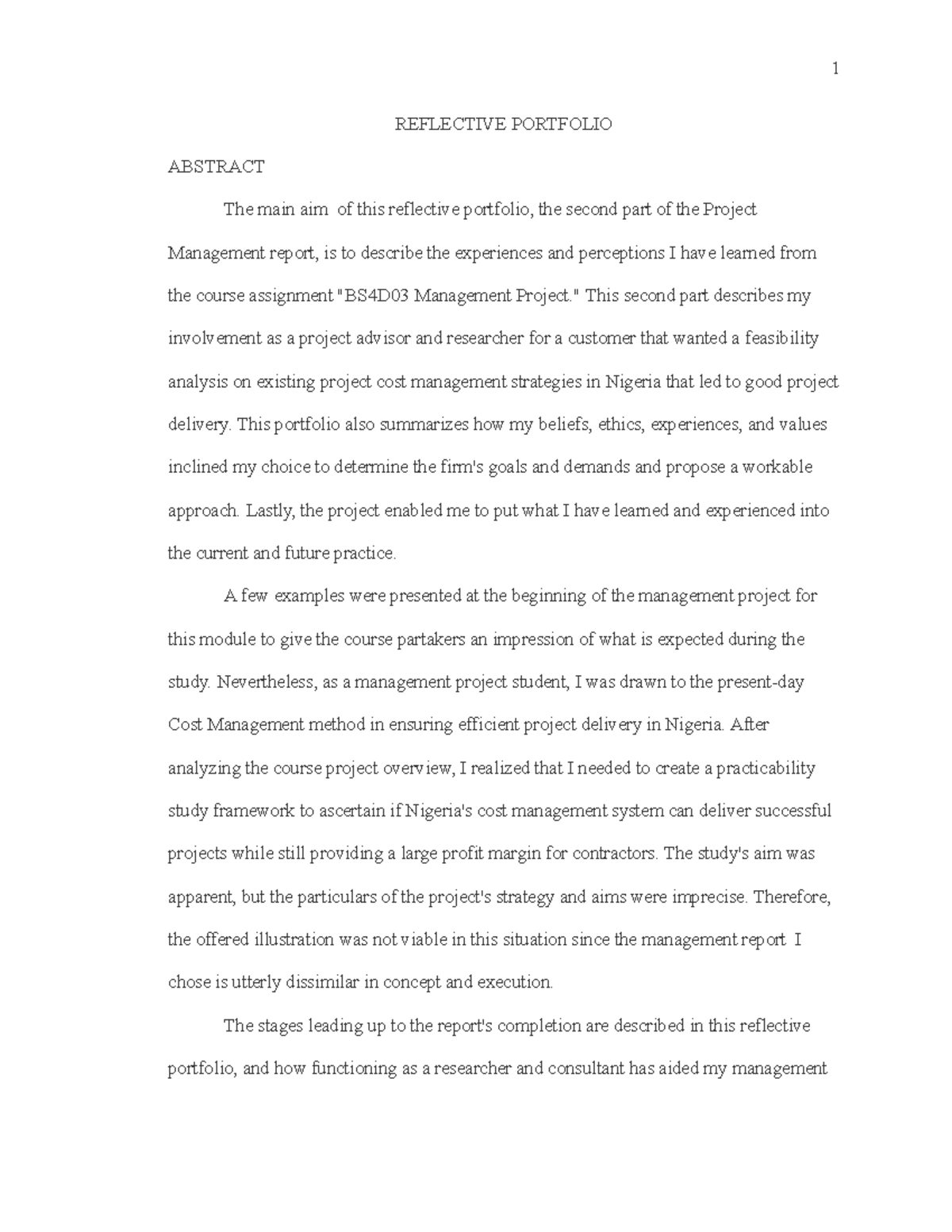 Reflective Portfolio on BS4D03 Management Project Experience - Studocu