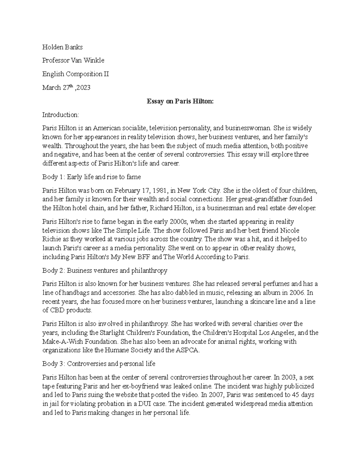 Essay on Paris Hilton - Holden Banks Professor Van Winkle English ...